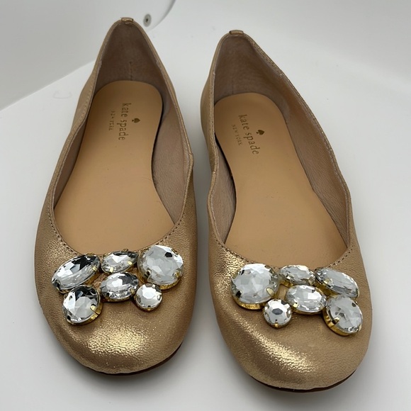 Kate Spade Gold Leather Jeweled Rhinestone Toe Slip on Flats Shoes Size 6 - Picture 2 of 8